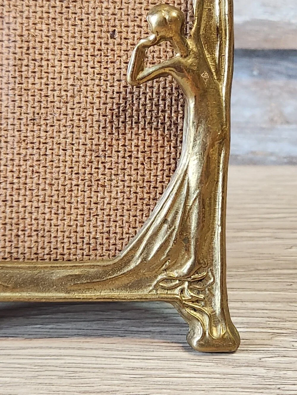 Vintage Brass Art Nouveau Picture Frame with Standing Lady Floral Tabletop Frame